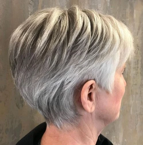 Neat Feathered Gray Pixie hair